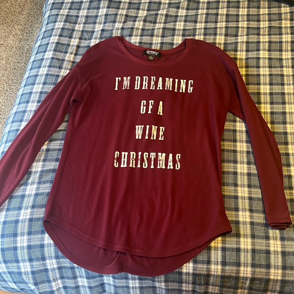 Burgundy sweater size M longer length (for leggings) Christmas theme